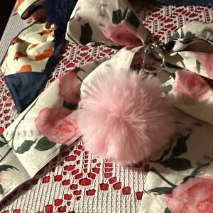 Floral Scarf with Pink  bag charm  Pom Pom